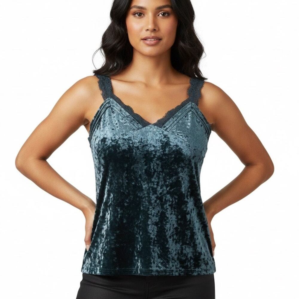 Entro Crushed Velvet Lace Camisole Top Womens L Blue Green Goth Glam Coquette